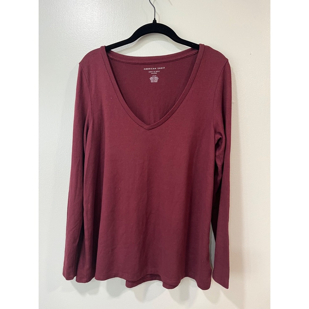 American Eagle Women's Long Sleeve Shirt Size Large Maroon V-Neck